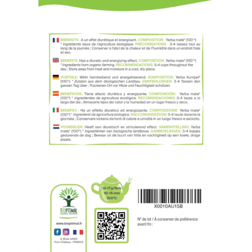 Maté bio Bioptimal Sachet thé Infusion naturel Sans arôme Détox Minceur Energie Conditionné en France Certifié par Ecocert