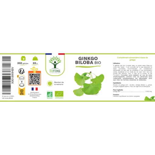 Ginkgo Biloba bio - Complément alimentaire - Mémoire Concentration Circulation - 100% Poudre de Feuille Pure en gélules - Fabriqué en France - Vegan