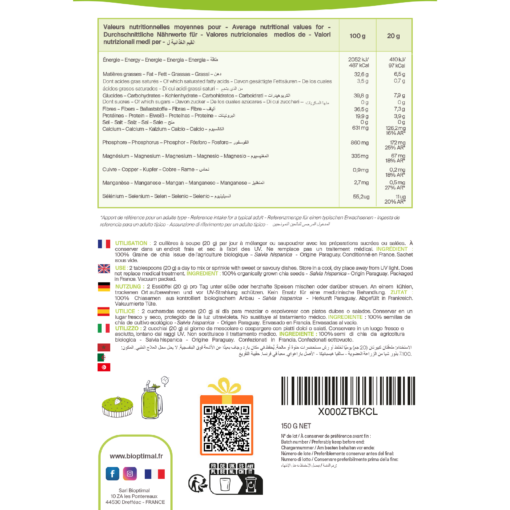 Graines de chia bio Bioptimal Superaliment Omega 3 Protéines Calcium Fibres Digestion Minceur Transit Conditionné en France Certifié par Ecocert