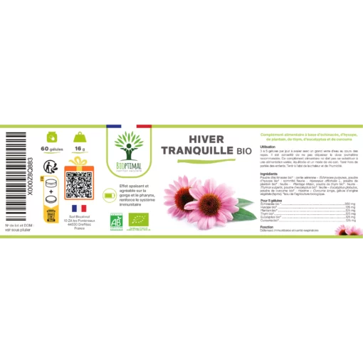 Hiver Tranquille Bio - Complément alimentaire - Échinacée Curcuma Thym Eucalyptus Plantain Hysope - Système immunitaire - Fabriqué en France - Vegan