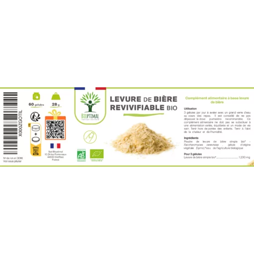 Levure de Bière Bio Revivifiable - Complément alimentaire - Vivante & Active - 400mg/gélule - Fabriqué en France - Certifié par Ecocert
