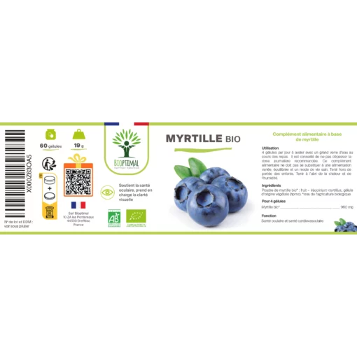Myrtille Bio - Complément alimentaire - Yeux Clarté visuelle Vision nocturne - 100% poudre de myrtille en gélules - Fabriqué en France - Vegan