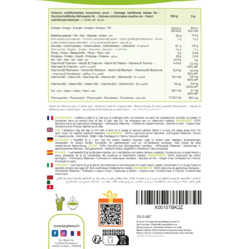 Spiruline Bio - Protéines Phycocyanine Fer - 100% Spiruline Pure en Paillettes - Superaliment - Conditionné en France - Certifié Ecocert - Vegan