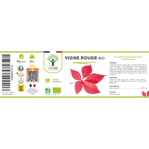 Vigne rouge Bio - Complément alimentaire - Jambes lourdes Circulation sanguine - 300 mg de Feuille de vigne/gélule - Fabriqué en France - Vegan