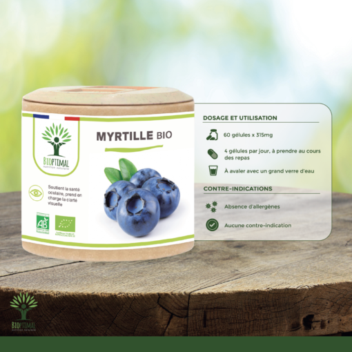 Myrtille bio Bioptimal Complément alimentaire Gélules Clarté visuelle Vision Yeux Fabriqué en France Certifié par Ecocert