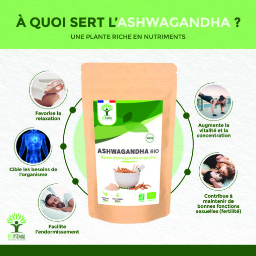 Ashwagandha Bio KSM en Poudre 100g 300g Energie Sommeil Fabriqué en France Bioptimal Nutrition France