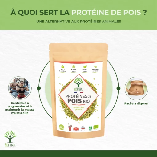Protéine de Pois Bio - 80% Protéines 12% BCAA - Haute Digestibilité - Sport Musculation - Poudre de Pois Jaune - Conditionné en France - Vegan