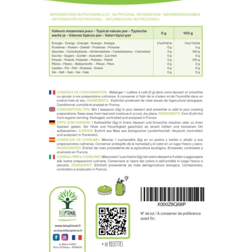 Erythritol bio Bioptimal Zéro Sucre Zéro Calorie Poudre d'Erythritol Fort Pouvoir Sucrant Alternative Naturelle Pâtisserie Boisson Chaude Conditionné en France Certifié Ecocert