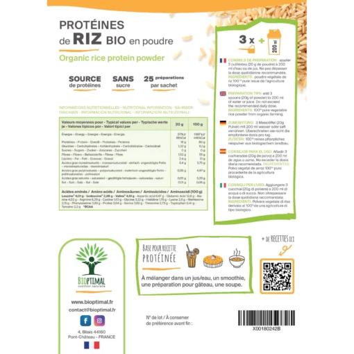 Protéine de riz bio 80% Protéines Haute Digestibilité Zéro Sucre Fabriqué en France