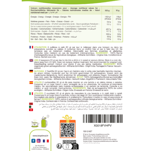Ashwagandha Bio KSM en Poudre 100g 300g Energie Sommeil Fabriqué en France Bioptimal Nutrition France