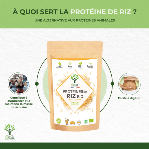 Protéine de Riz Bioptimal BCAA Poudre de Riz Whey Végétale 100% Pure 80% de Protéines 12% de BCAA Made in France Certifié Ecocert