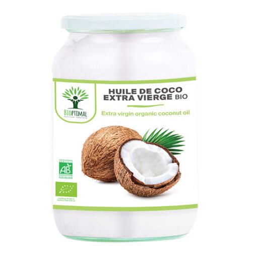 Huile de coco bio Bioptimal Huile de Noix de Coco Extra Vierge Naturelle Cheveux Corps Peau Visage Lèvres Cuisson des Aliments Sri Lanka Certifié Biologique par Ecocert