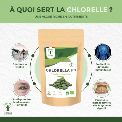 Chlorelle bio Bioptimal Complément Alimentaire Comprimés Protéine Detox Vitamine B12 Chlorella pure Conditionné en France Certifié par Ecocert