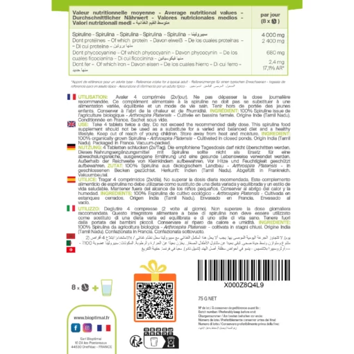 Spiruline Bio - Complément alimentaire - Protéines Phycocyanine Fer - 500 mg/comprimé vegan - Conditionné en France - Certifié Ecocert - Sans additifs