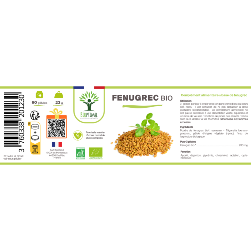 Fenugrec bio Bioptimal Complément alimentaire Gélules Appétit Prise de Poids Régule le Taux de Glucose Favorise la Lactation Fabriqué en France Certifié Ecocert