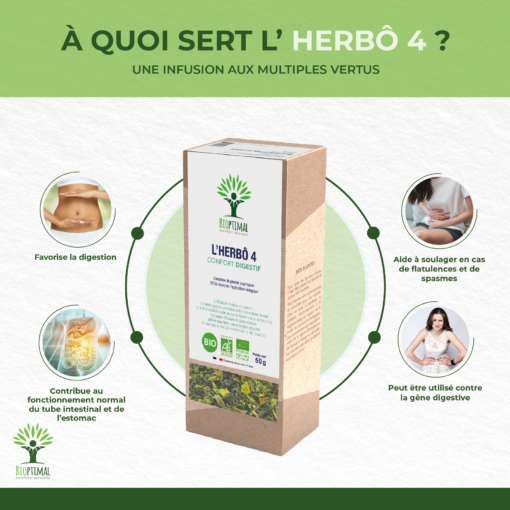 Herbô 4 - Infusion bio - Confort digestif - Badiane Sauge Verveine Menthe poivrée - Conditionné en France - Certifié bio par Ecocert