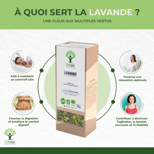 Lavande - Infusion Bio - Relaxation Sommeil Digestion - Sans arômes ajoutés - 100% Fleur de lavande - Conditionné en France - Certifié Ecocert