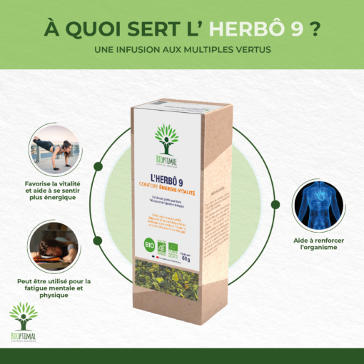 Herbô 9 - Énergie Vitalité Anti-fatigue Immunité - Ortie Cassis Hibiscus Romarin Citron - Conditionné en France - Certifié par Ecocert