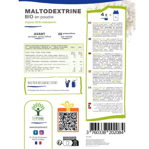 Maltodextrine Bio en Poudre - Boisson d'entraînement ou de récupération - 100% Pure - Assimilation rapide - Vegan - Conditionné en France - Certifié Ecocert