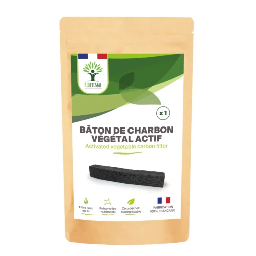 Bâton de Charbon Actif - Purificateur d'Eau naturel - Filtre 1L par Charbon - Carafe Pichet Gourde - Bois de Chêne et de Hêtre - Origine France